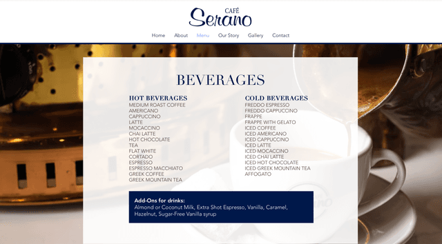 Original Serano Cafe website homepage before redesign