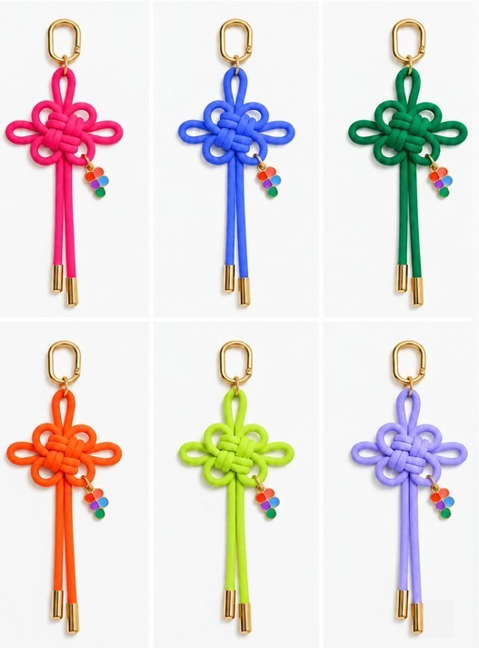 Six knotted cord charms in pink, blue, green, orange, lime, and lilac with a Figma flower charm